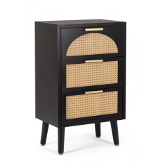 Comoda 3 sertare mdf negru ratan natur Josine 45x30x73 cm