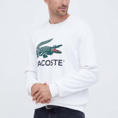 Lacoste hanorac de bumbac barbati, culoarea alb, cu imprimeu