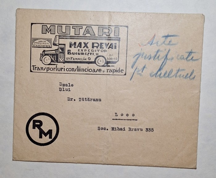 Plic publicitar interbelic Max Revai București &ndash; transporturi rapide, rar