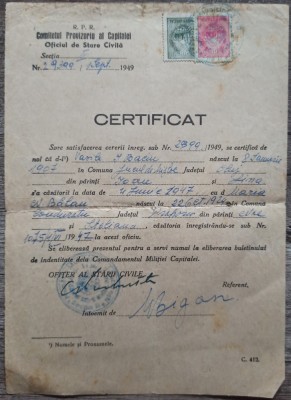 Certificat Comitetul Provizoriul al Capitalei 1949 foto