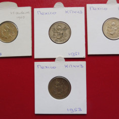 MEXIC LOT COMPLET 4 MONEDE 25 CENTAVOS 1950 / 1951 / 1952 / 1953 KM#443 ARGINT