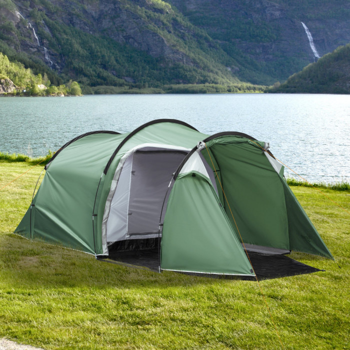 Outsunny Cort Camping 4 Persoane Vestibul Amplu Impermeabil Verde Inchis