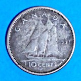 CANADA 10 CENTS CENTI 1957 ARGINT STARE BUNA SPRE F BUNA, America de Nord