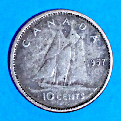 CANADA 10 CENTS CENTI 1957 ARGINT STARE BUNA SPRE F BUNA foto