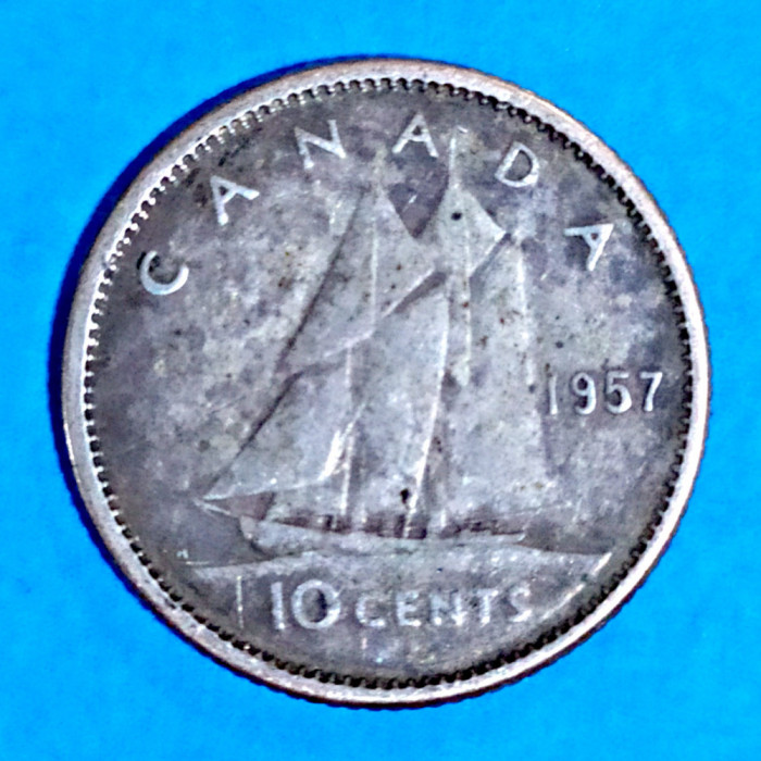 CANADA 10 CENTS CENTI 1957 ARGINT STARE BUNA SPRE F BUNA