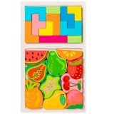 Puzzle Montessori din Lemn pentru Copii, Tip Tetris 2in1 +3 Ani, cu Fructe Colorate 3D, Educativ, Intuitiv, Creativ, 21 de Piese, 28.5x17x1.2 cm, Mult