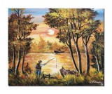 Cumpara ieftin Tablou pictat manual apus de soare cu pescar, 50x40cm ulei pe panza, Constantin Feraru