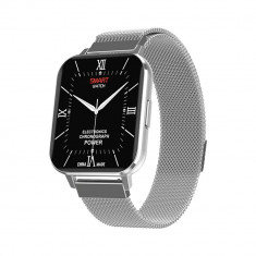 Ceas smartwatch Twinkler TKY-DTX, Bratara metal, Argintiu cu ECG, Tensiune arteriala, ritm cardiac, oxigen din sange, interfete schimbabile, memento s