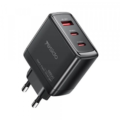 Incarcator Retea Cu Cablu USB-C Yesido YC144C, 65W, 3.25A, 1 x USB-A - 2 x USB-C, Negru foto