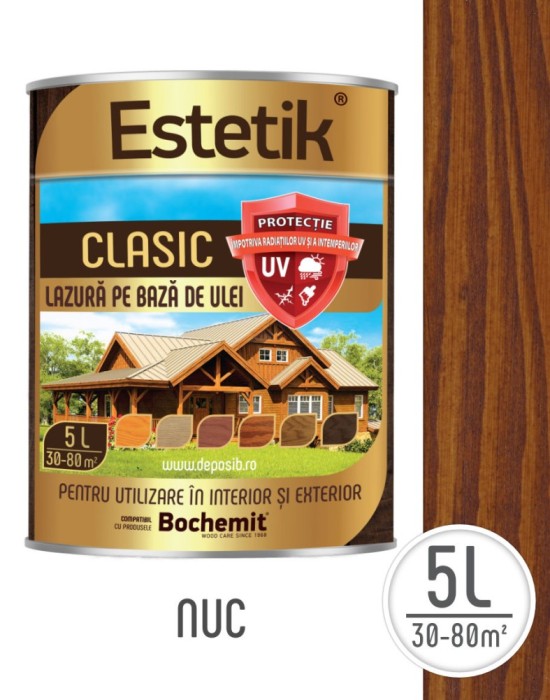Lazura lemn Estetik Clasic 5L, nuc, protectie UV
