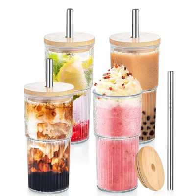 Set 4 pahare cu capace si paie Koken, Sticla/Bambus/Otel Inoxidabil, Rezistent la temperaturi inalte si joase, 500 ml, Transparent/Lemn foto