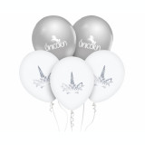 Set 5 baloane cu Unicorn, alb- argintiu, 30 cm