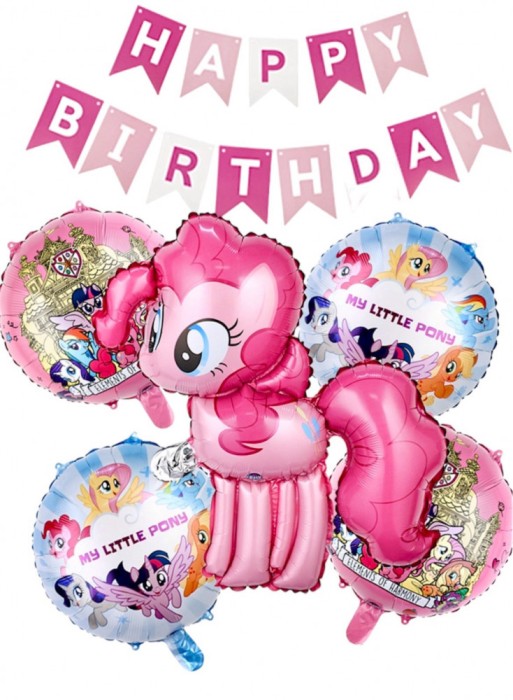 Set De 18 piese My Little Pony, Figurina Pinky Pie 60 X 62 cm, Baloane Folie Aluminiu 45 cm, stegulete decorative Happy Birthday, Roz