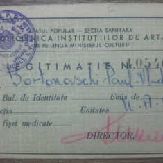 Legitimatia lui Paul Bortnovschi la Policlinica Institutiilor de Arta, 1956