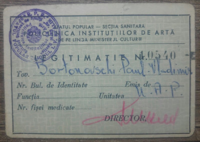 Legitimatia lui Paul Bortnovschi la Policlinica Institutiilor de Arta, 1956 foto