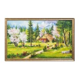 Tablou peisaj de primavara de la munte pictat manual inramat, Oaza de liniste, 105x65cm ulei pe panza, rama din lemn