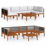 Set fotoliu de gradina cu 7 piese, perne, lemn crem, acacia si franghie