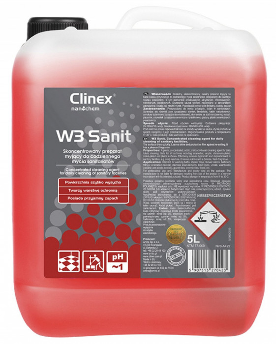 Clinex W3 Sanit, 5 Litri, Detergent Lichid, Concentrat, Pt. Curatarea Obiectelor Sanitare, Toaletelo