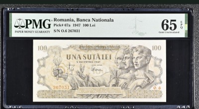 100 lei Dec 1947 PMG65 UNC bancnota gradata foto