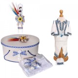 Set traditional, trusou botez, cutie trusou, lumanare si costum popular