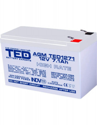 Acumulator 12V, TED Electric High Rate, Dimensiuni 151 x 65 x 95 mm, Baterie 12V 7.1Ah F2 foto