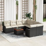 VidaXL Set Canapea Grădină 9 pcs Negru, alb Mare Ratan, țesătură, lemn
