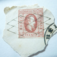 Emisiune Romania - CUZA -val.20 Parale 1865 pe fragment , stampila gratar