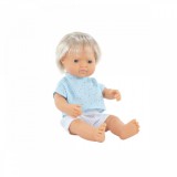 Papusa baiat caucazian blond 38 cm cu tricoul bleu, corp parfumat, colectia My Friends and Me, MINILAND