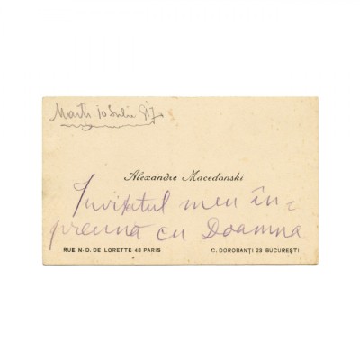 Carte de vizită Al. Macedonski, cu text olograf foto