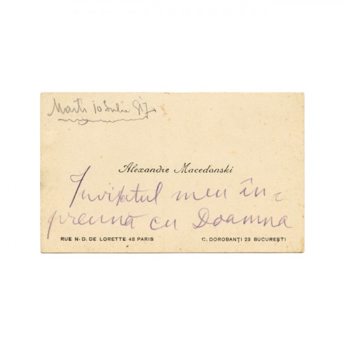 Carte de vizită Al. Macedonski, cu text olograf