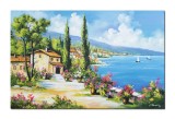 Cumpara ieftin Tablou Grecia gigant peisaj mediteranean insorit pictat manual, Zi relaxanta, 120x80cm ulei pe panza, Constantin Feraru