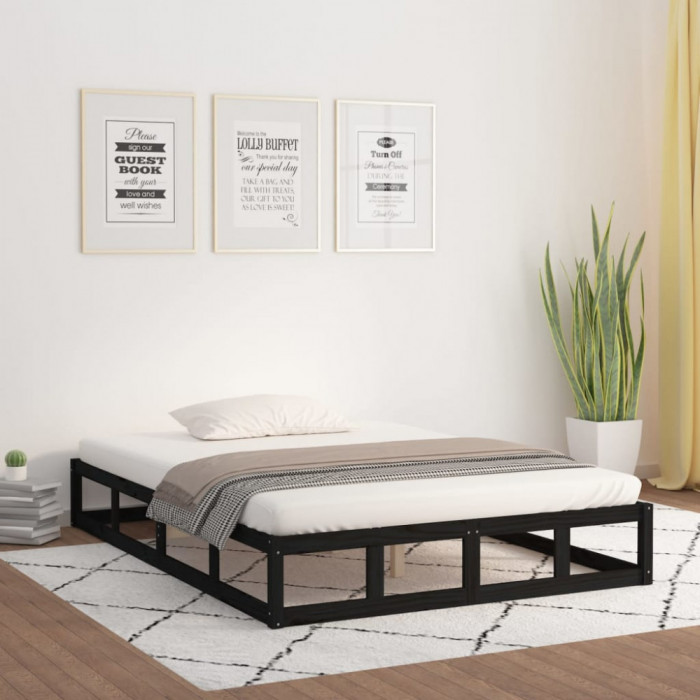 Cadru de pat dublu 4FT6, negru, 135x190 cm, lemn masiv GartenMobel Dekor
