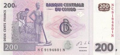 CONGO █ bancnota █ 200 Francs █ 2013 █ P-99b █ G&amp;amp;D █ UNC █ necirculata foto