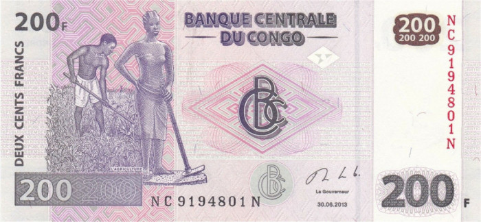 CONGO █ bancnota █ 200 Francs █ 2013 █ P-99b █ G&amp;D █ UNC █ necirculata