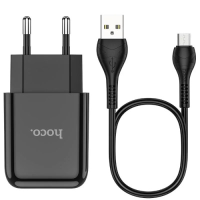 Set Incarcator Retea + Cablu Date Micro Usb Hoco N2 Vigour 1xUSB 2.1A 1m Negru foto