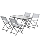 Outsunny Set de Grădină 5 Piese &ndash; 4 Scaune Pliabile din Textilene și Masă din Sticlă Securizată, Gri | Aosom Romania