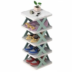 Organizator pentru pantofi, cu 5 polite, din ABS, dimensiuni 26 x 24 x 80 cm, modular, usor de asamblat, alb/verde
