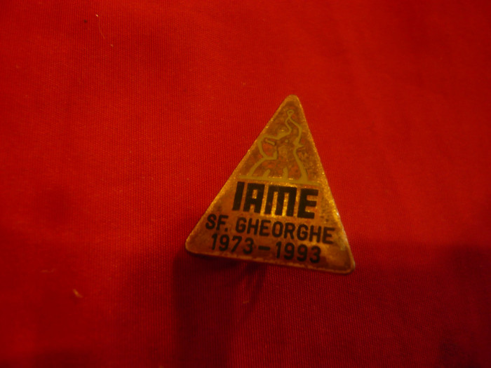Insigna Intreprindere IAME Sfantu Gheorghe - 20 Ani , metal si email , h=2,7cm
