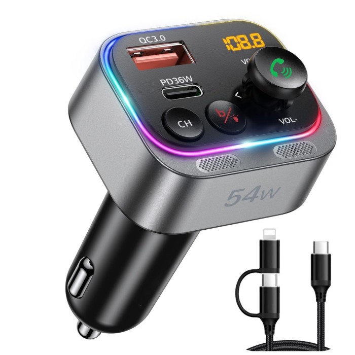 Modulator FM Auto Bluetooth 5.3 LUVLU&trade;, Sunet Hi-Fi, Bas Profund, Incarcator Super Fast Charge 54W prin USB-C PD 36W / USB QC 3.0 18W, Lumina Ambienta