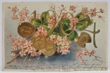 FELICITARE DE ANUL , CROMOLITOGRAFIE , EMBOSATA , CU SIMBOLURI ADUCATOARE DE NOROC , CARTE POSTALA , 1904