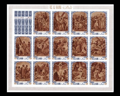 Ras Al Khaima 1970 &amp;quot; Patimile lui Isus&amp;quot;, serie bloc 14v. ,Mi. 498/511B/ 50&amp;euro;,MNH foto