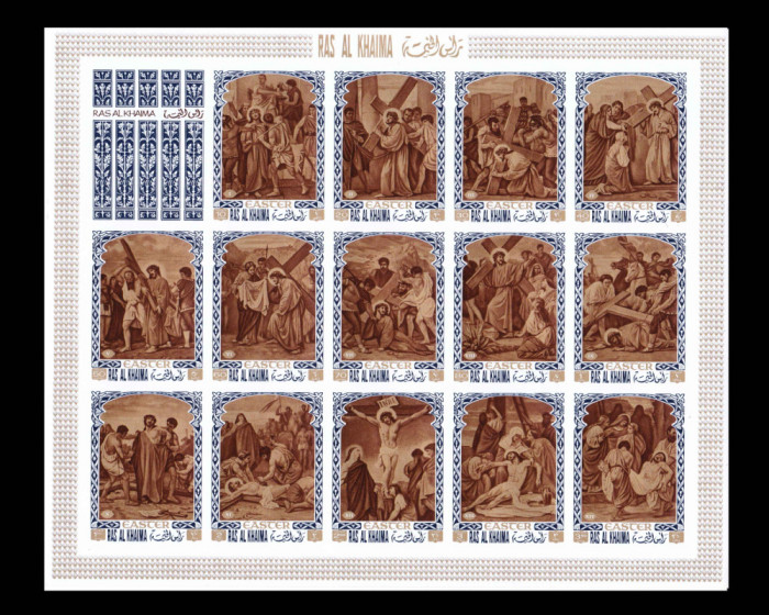 Ras Al Khaima 1970 &quot; Patimile lui Isus&quot;, serie bloc 14v. ,Mi. 498/511B/ 50&euro;,MNH