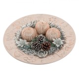 Platou Decorativ de Crăciun, 3 Lum&acirc;nări, Conuri, Culoare Argintiu, 24cm, Oem