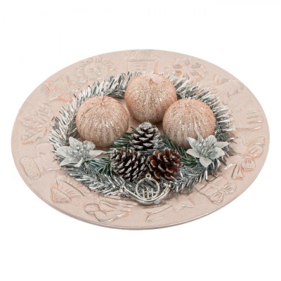 Platou Decorativ de Crăciun, 3 Lum&amp;acirc;nări, Conuri, Culoare Argintiu, 24cm foto