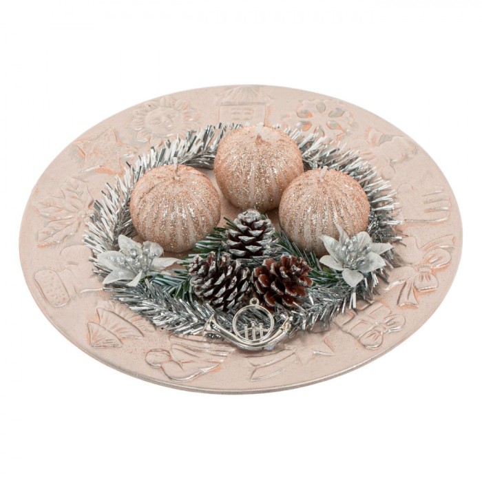 Platou Decorativ de Crăciun, 3 Lum&acirc;nări, Conuri, Culoare Argintiu, 24cm