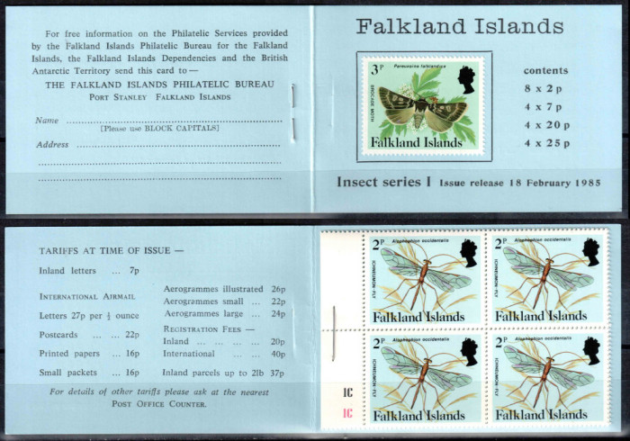 Falkland 1984, Mi #391-401**, carnet I, fauna insecte fluturi, MNH, cota 30 &euro;!