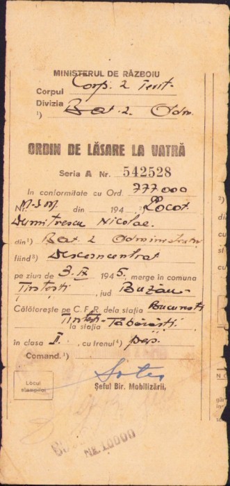 A2495N Ordin de lăsare la vatră pentru ofițer, 3 septembrie 1945, Batalionul 2 Administrativ, Corpul 2 Armată