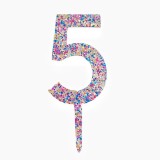 Decoratiune Topper pentru Tort, Cyrax, din Acrilic cu Fulgi de Sclipici, Model Cifra 5, Inaltime 18.5 cm, Transparent Multicolor&nbsp;