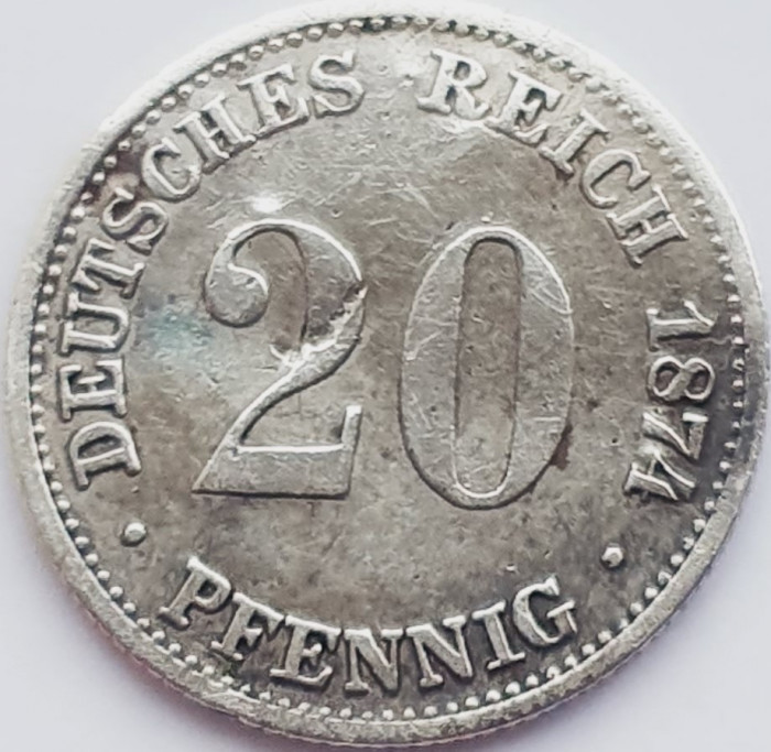 330 Germania 20 pfennig 1874 Wilhelm I (type 1 - large shield) km 5 argint