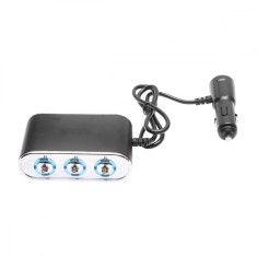 Adaptor bricheta auto tripla 12/24V negru cu intrerupator individual si 1 port USB 5V 2.1a